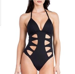 Kenneth Cole Black Cut Out Push Up Halter One Piece Swimsuit Size M Beach Sexy